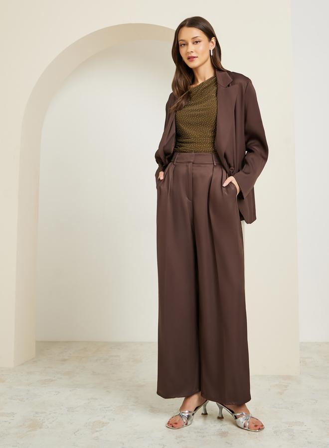 Styli Women Brown Fold Pleat Wide Leg Trousers - Image 4